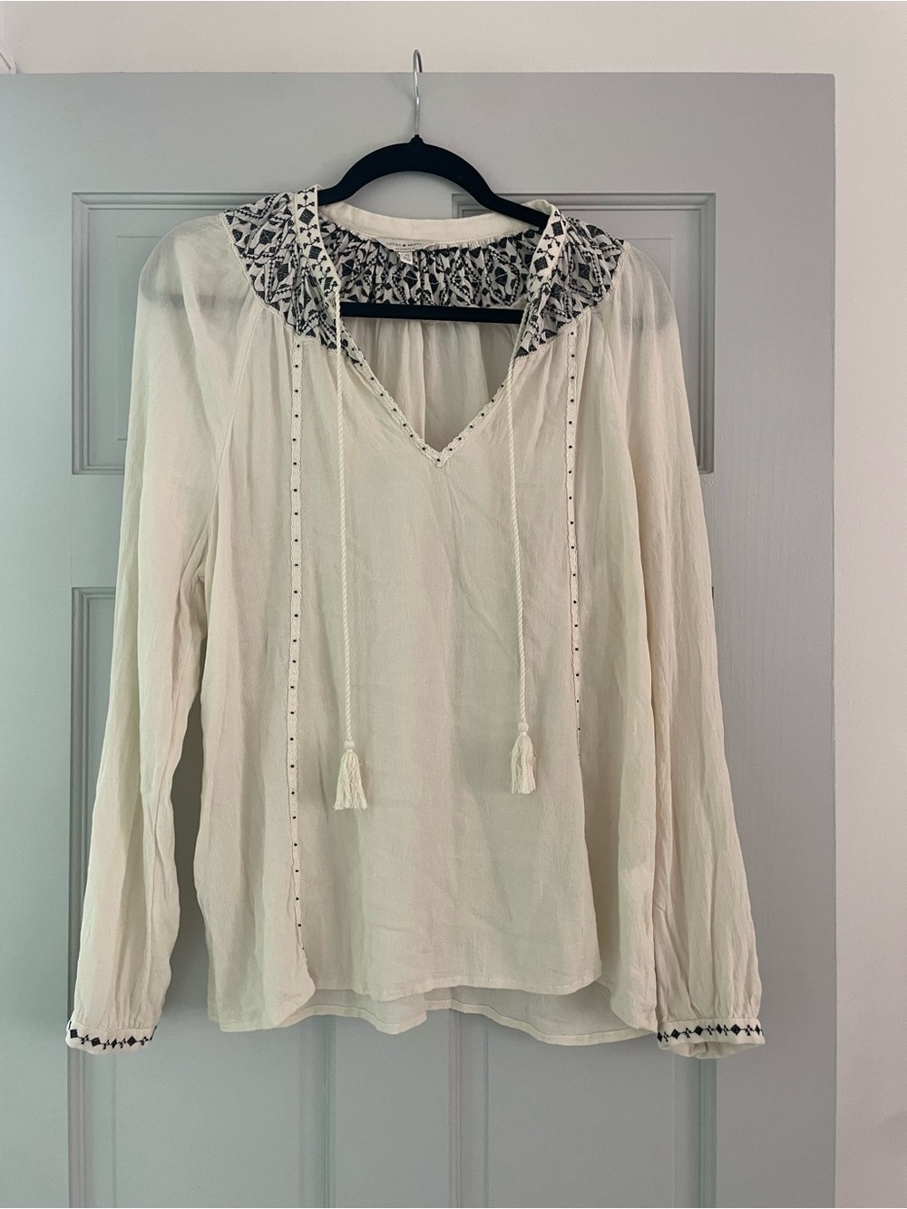 Lucky Brand Cream Tunic Top with Black Embroidered Collar